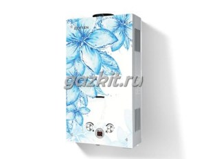 Газовая колонка Zerten D-20 Glass, голубые цветы, белый фон
